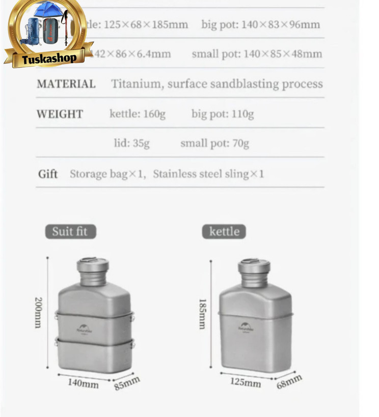 ست غذا خوری وقمقمه تیتانیومی بوشکرفت نیچرهایک مدل NH21CJ004